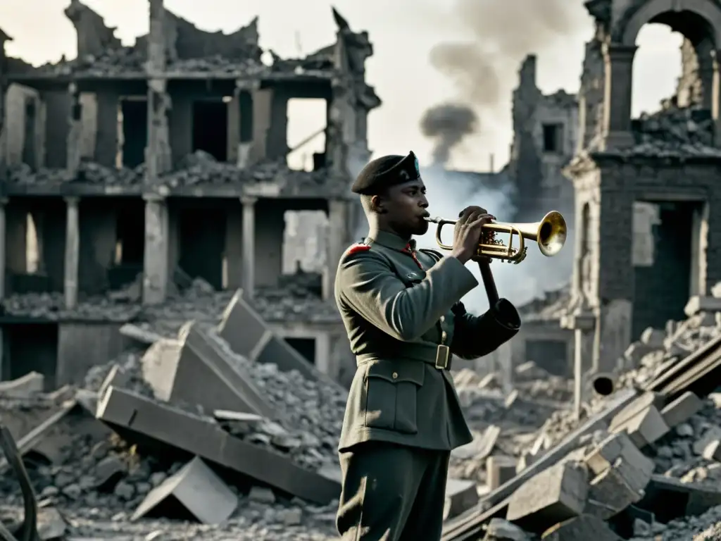 Un soldado toca la trompeta entre ruinas de una ciudad destruida, simbolizando la resistencia y la música en tiempos de guerra