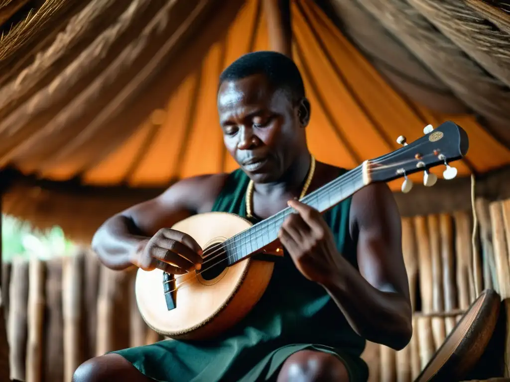 Sonidos del violín africano Zeze: Músico tanzano tocando con pasión en una cabaña rústica