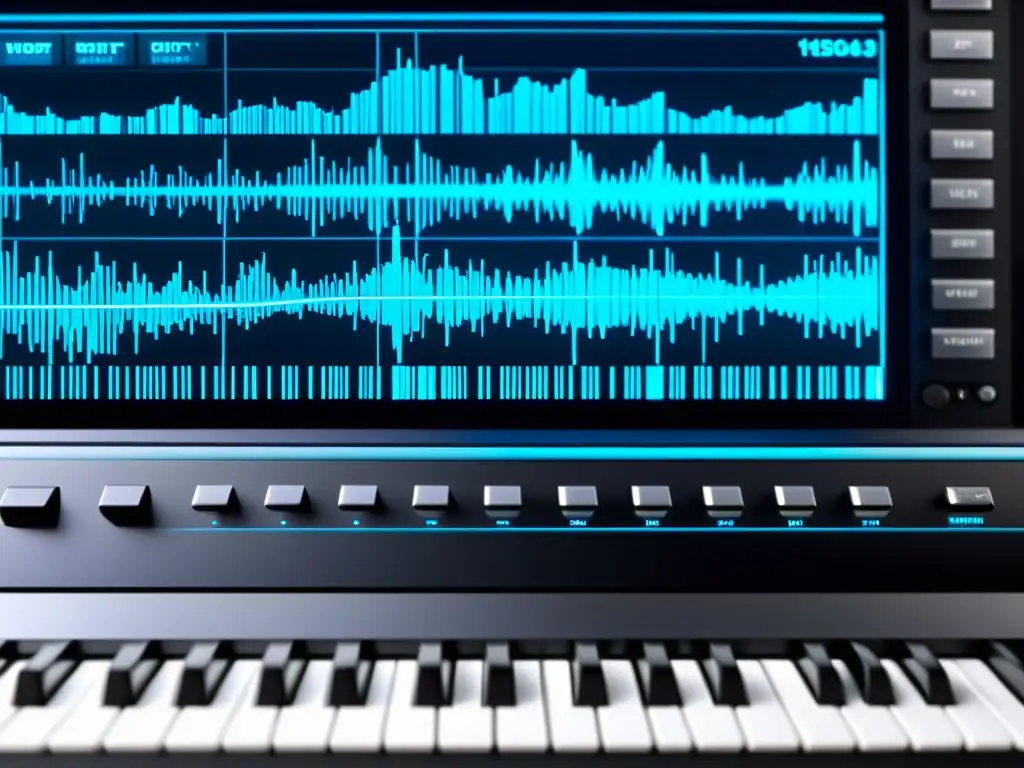 Creando sonidos únicos con instrumentos digitales: Detalle de una estación de trabajo de audio digital con complejas formas de onda y pistas MIDI