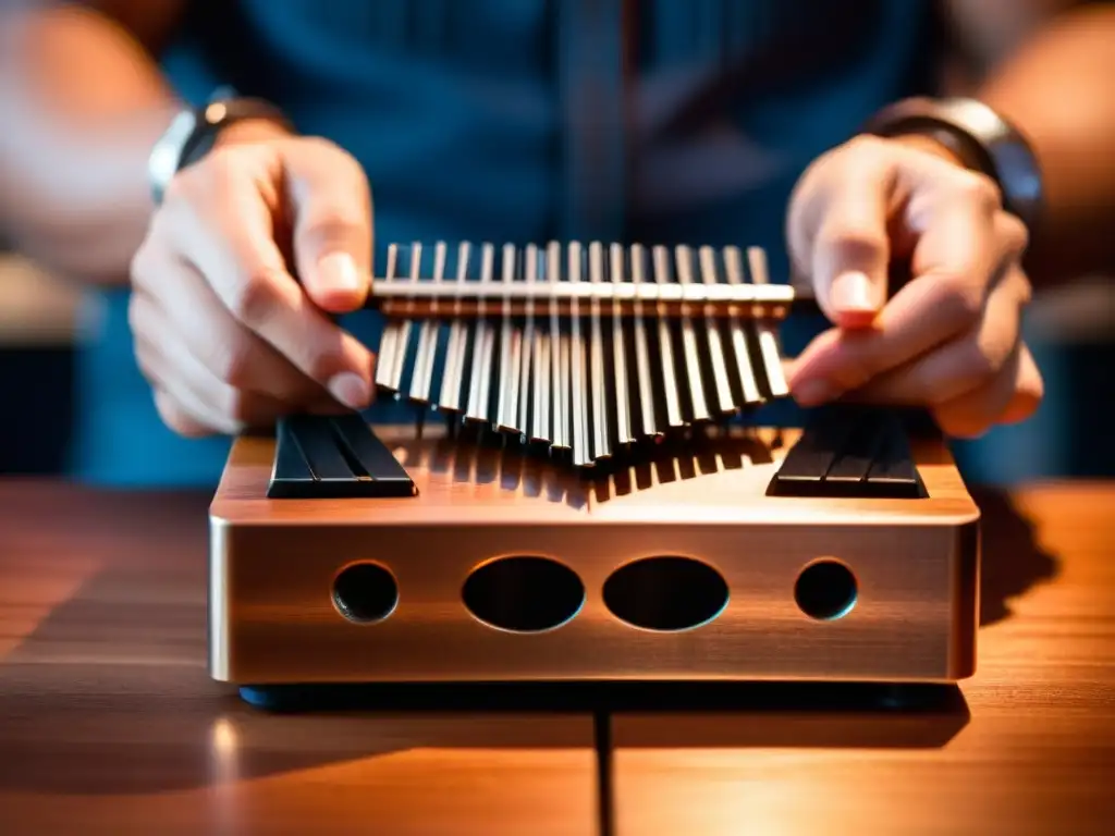 Experimentación sonora con kalimba espacial: manos delicadas tocando la kalimba entre equipo electrónico y expresión creativa