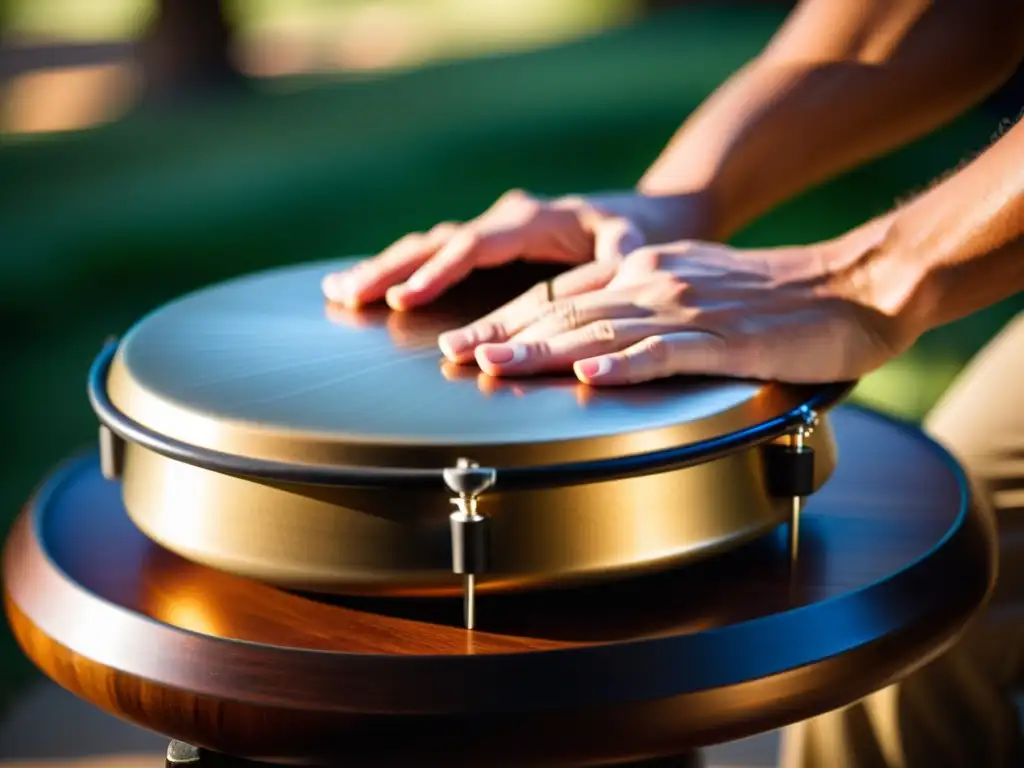 Innovación sonora del Hang Drum: manos del músico tocando el tambor, con textura y calidez en un entorno sereno al aire libre