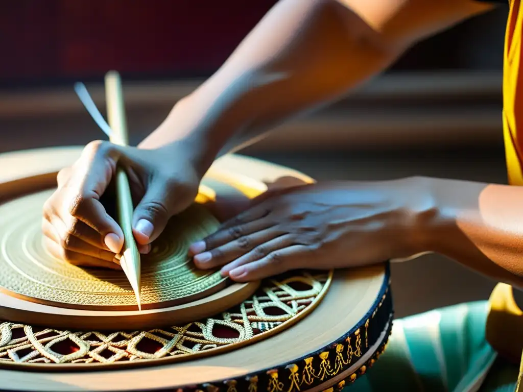 Un luthier tailandés afinando con destreza un Khim tradicional, resaltando la artesanía y la cultura musical tailandesa