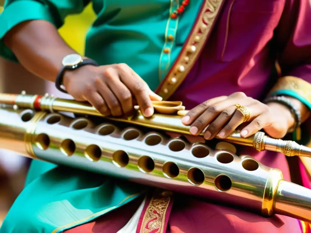 Un talentoso músico indio toca el shehnai en un vibrante evento cultural, destacando la importancia cultural del shehnai indio