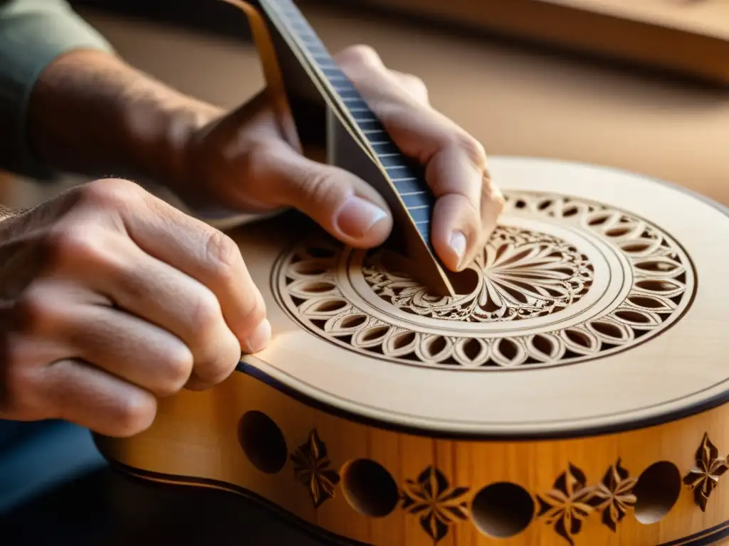 Un luthier talla con cuidado diseños en una guitarra acústica, destacando la importancia cultural de los instrumentos musicales tradicionales