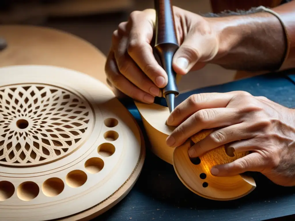 Un luthier talla con destreza un bouzouki griego tradicional en madera envejecida, capturando la esencia de la historia y el sonido ancestral