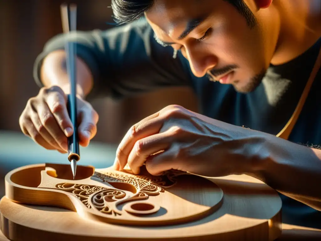 Un luthier talla con destreza el cuerpo de un violín en su Taller de luthería instrumentos musicales, con virutas de madera en el aire