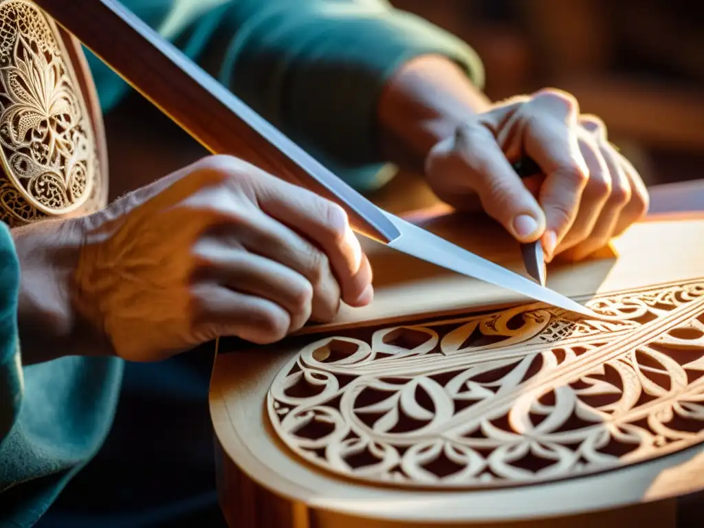 Un luthier talla con destreza el diseño de un laúd renacentista, envuelto en una cálida luz