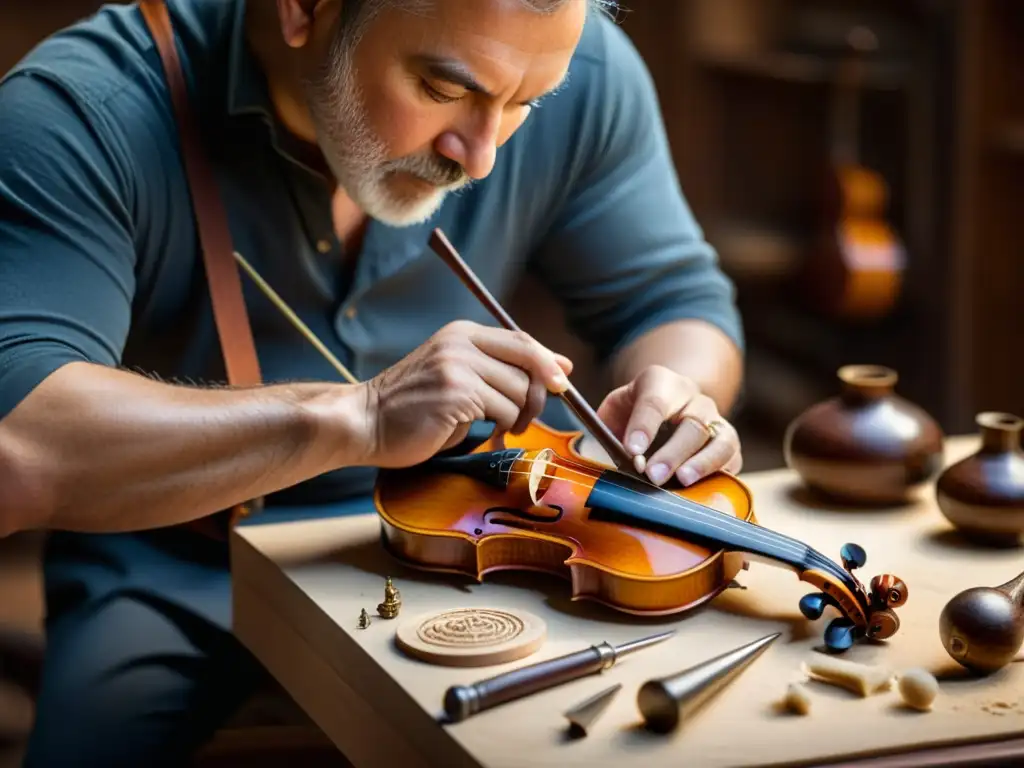 Un luthier talla con destreza diseños en un violín en un taller iluminado tenue, rodeado de herramientas antiguas y virutas de madera