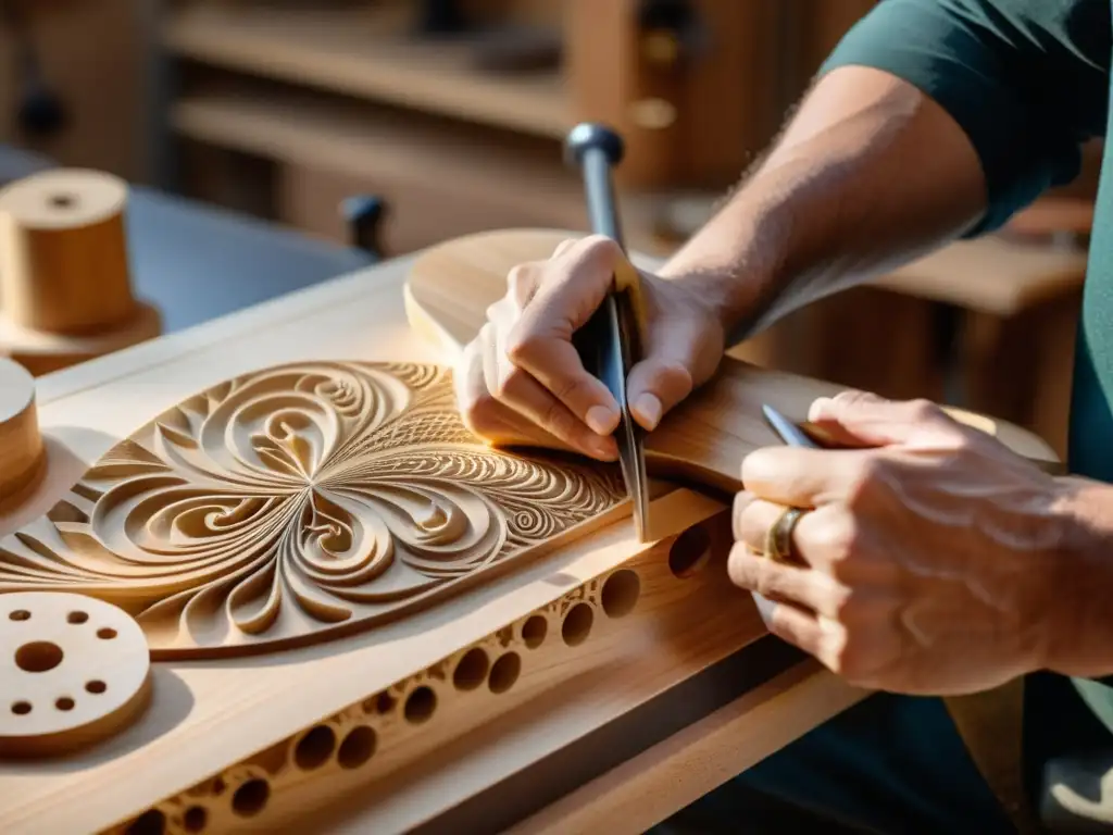 Un luthier talla con destreza una guitarra usando madera eco, mostrando la conexión entre materiales ecológicos en instrumentos musicales