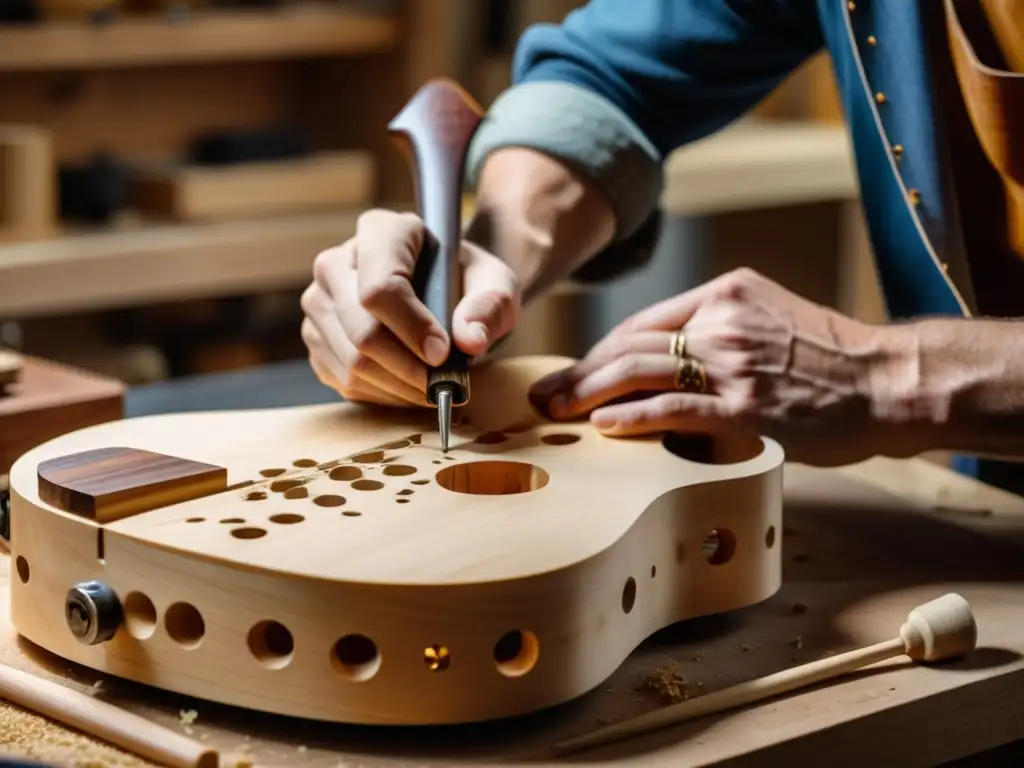 Un luthier talla con destreza una guitarra con materiales ecológicos en su taller iluminado, evocando dedicación artística