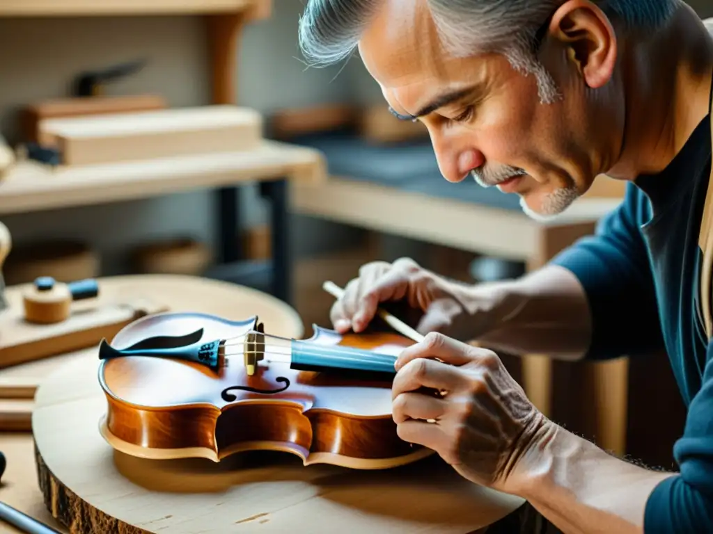 Un luthier talla con destreza una hermosa pieza de arce para crear la parte trasera de un violín