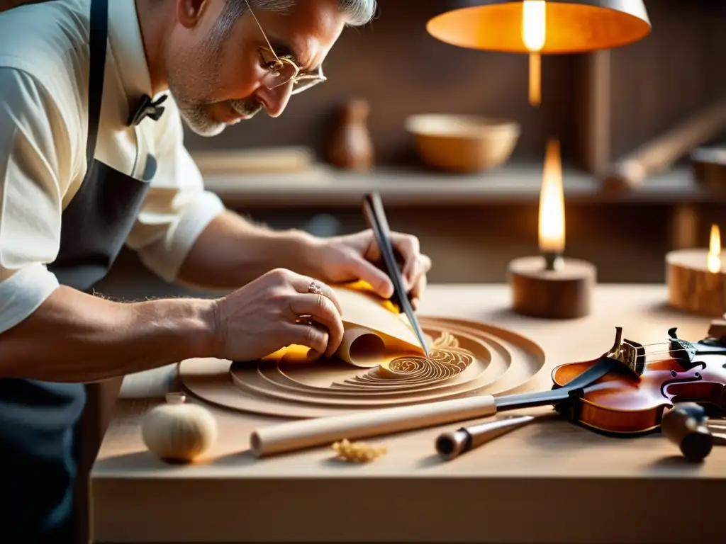 Un luthier talla con destreza el intrincado scroll de un violín, en un taller iluminado cálidamente