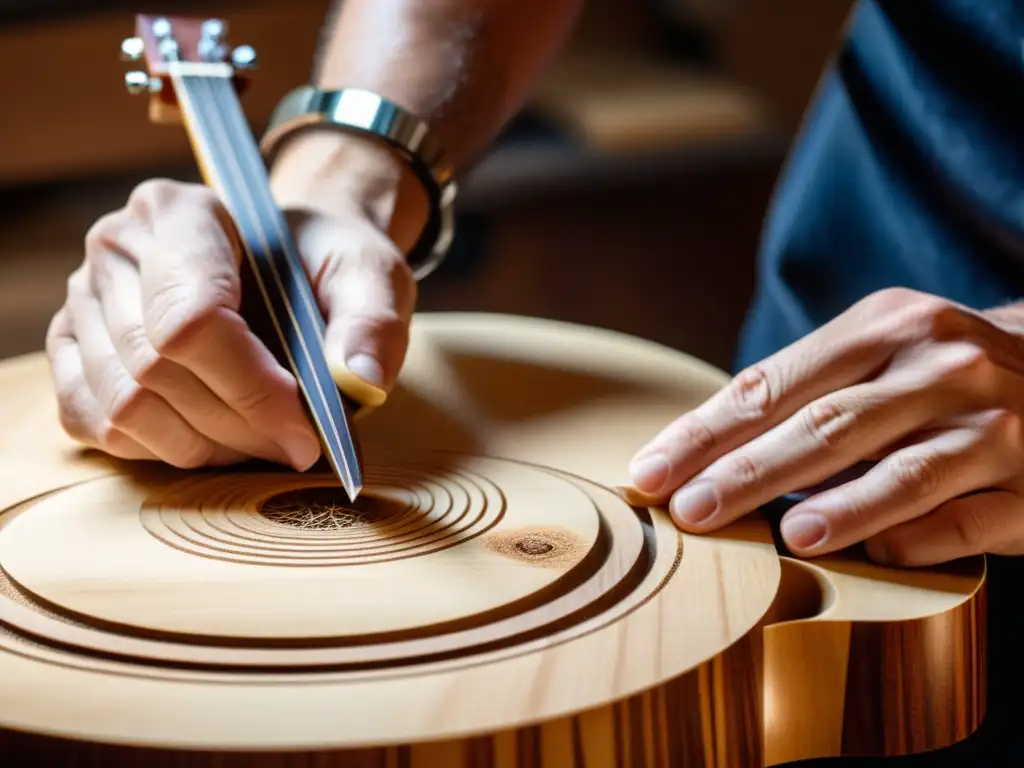 Un luthier talla con destreza la tapa armónica de una guitarra acústica, creando mejoras en resonancia guitarra acústica