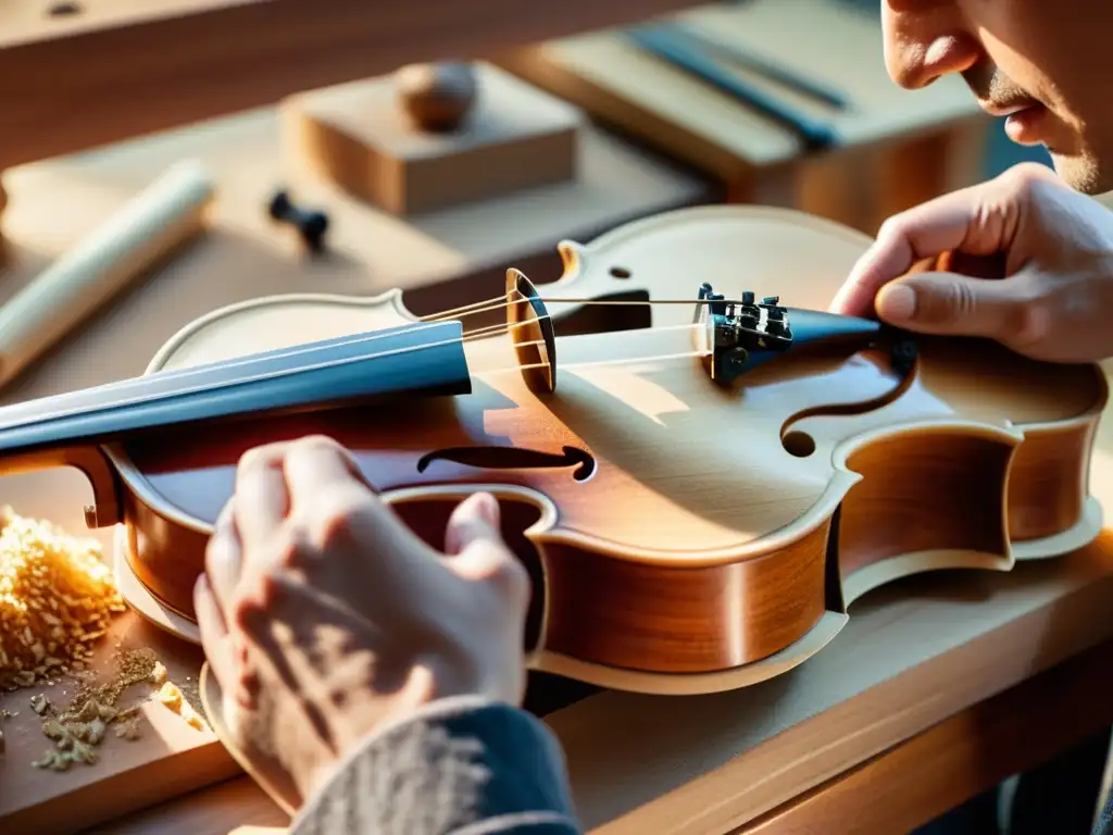 Un luthier talla con destreza un violín, mostrando la calidez de la madera y la influencia de materiales orgánicos en acústica