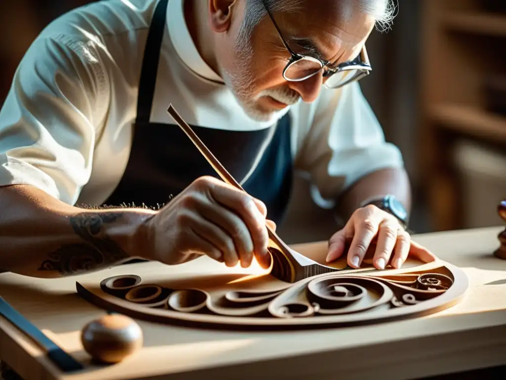 Un luthier talla con precisión el diseño de un violín, mostrando la artesanía y dedicación en la evolución de instrumentos de cuerda frotada