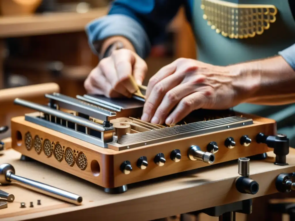 Un luthier talla diseños detallados en un pedal steel guitar, rodeado de herramientas especializadas y virutas de madera