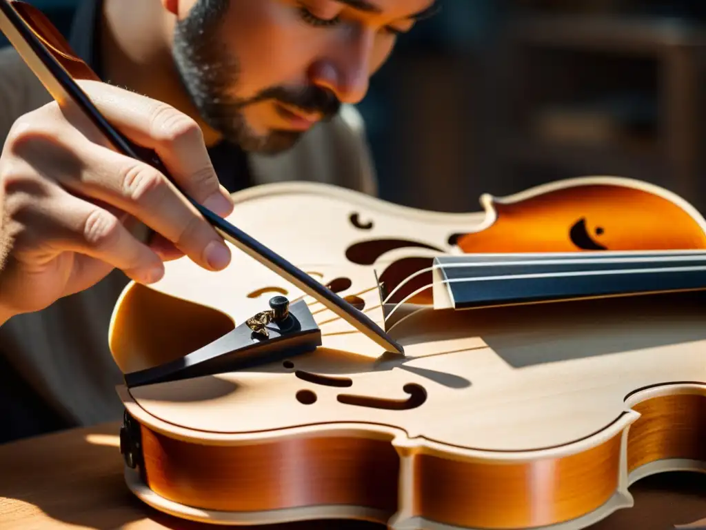 Un luthier talla diseños detallados en un violín, con virutas de madera esparcidas y la cálida luz del taller de luthería iluminando su labor artesanal con precisión