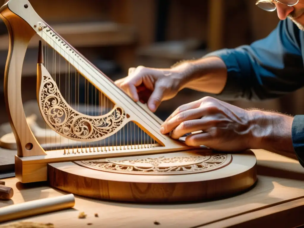 Un luthier talla con precisión diseños en la madera de un arpa doble, destacando la historia y relevancia cultural del instrumento