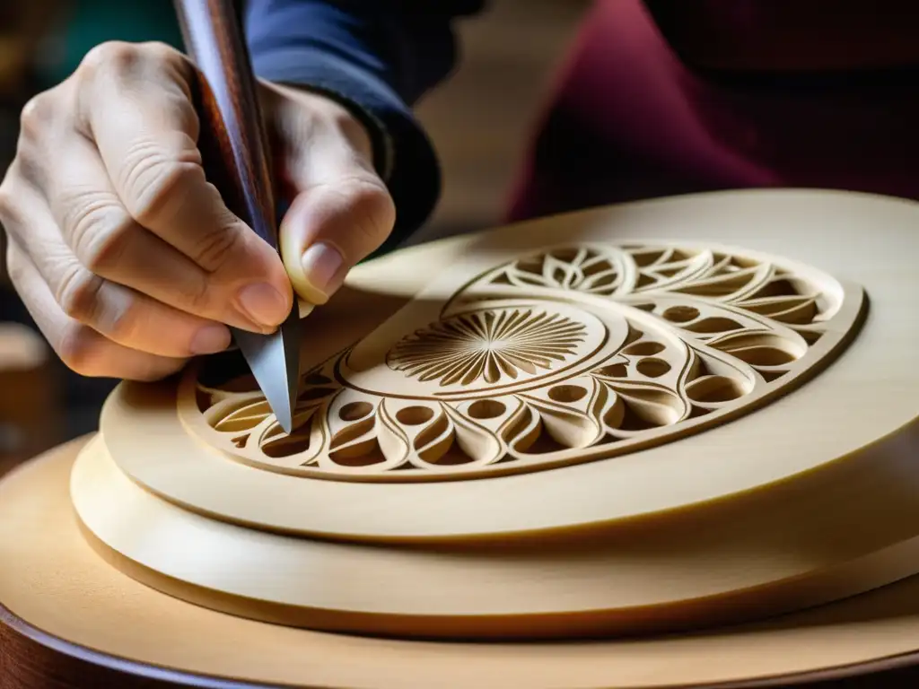 Un luthier talla con precisión diseños en la tapa de una viola d'amore, mostrando la historia y sonido de este instrumento