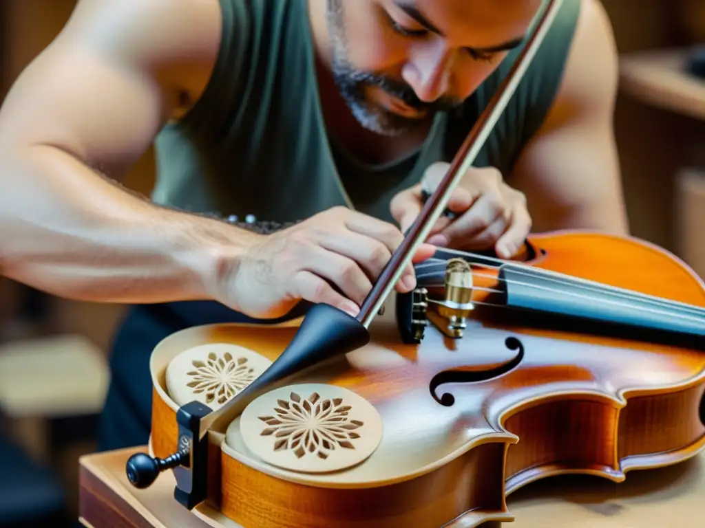 Un luthier talla con precisión diseños en un violín en su taller de luthería