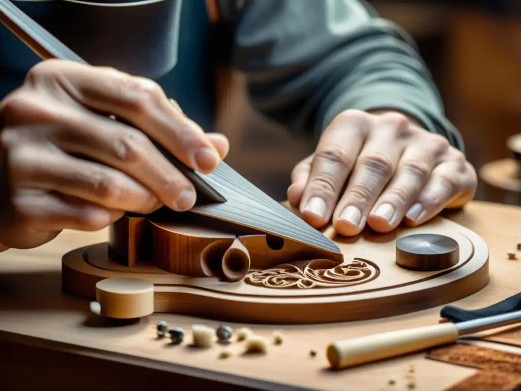 Un luthier talla con precisión diseños en un violín, en su taller de luthería