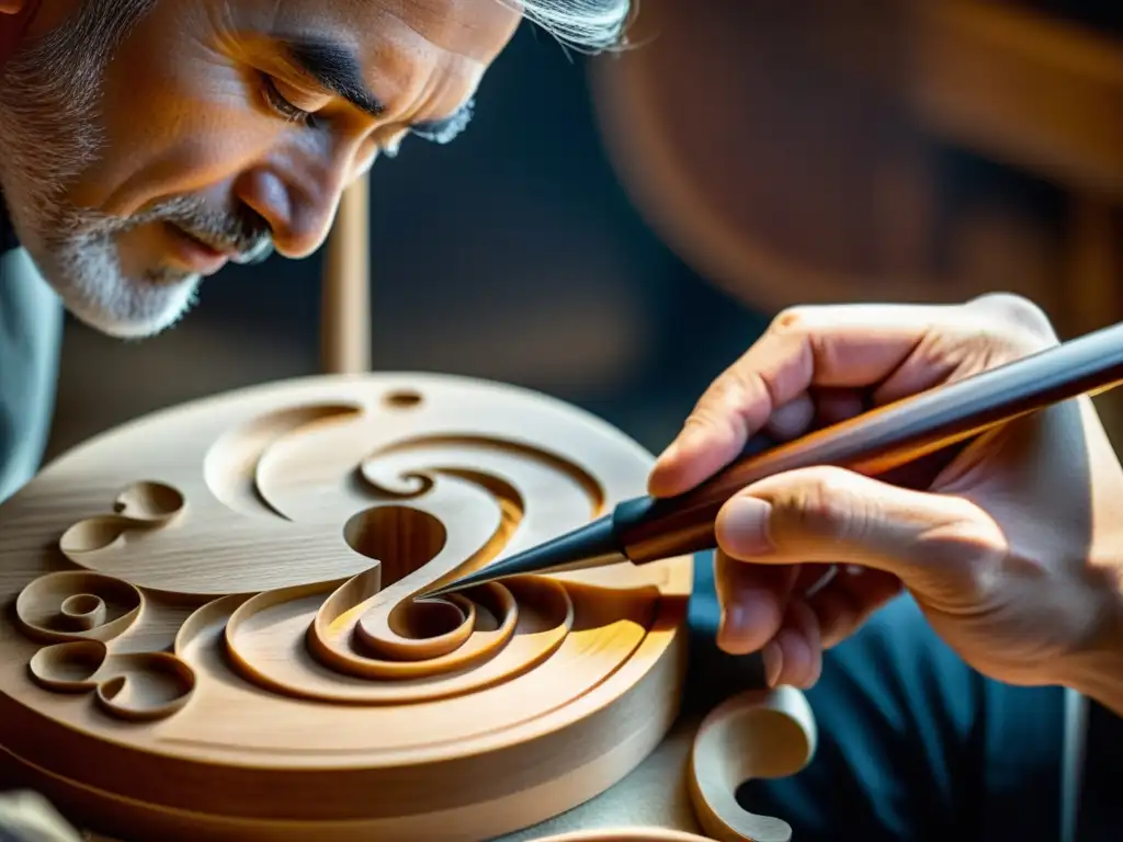 Un luthier talla con precisión la espiral de un violín, mostrando la ergonomía en diseño de instrumentos musicales