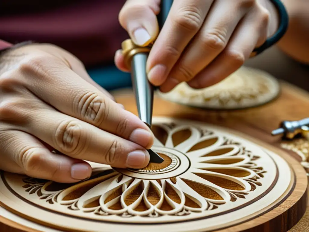 Un luthier talla intrincados diseños en un instrumento de cuerda, mostrando la importancia de festivales de música en la artesanía tradicional