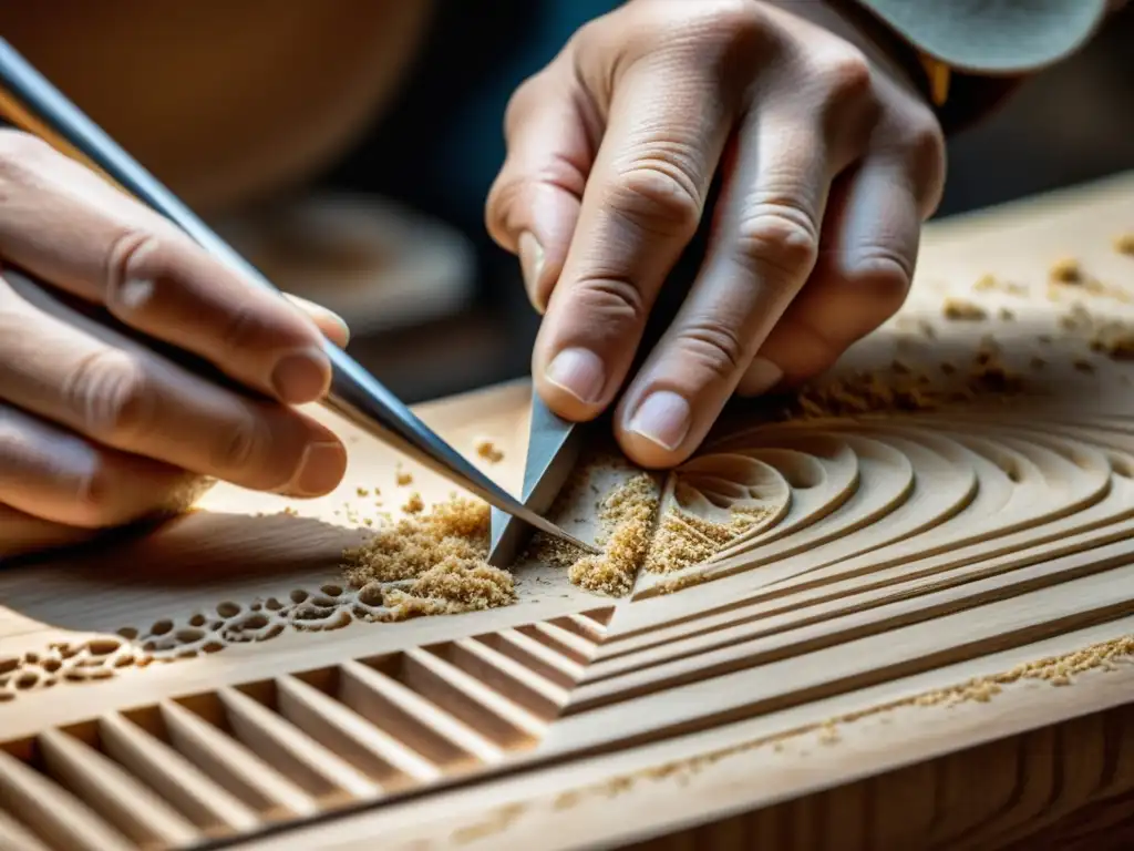 Un luthier talla intrincados diseños en un instrumento musical tradicional, con expresión de dedicación y destreza