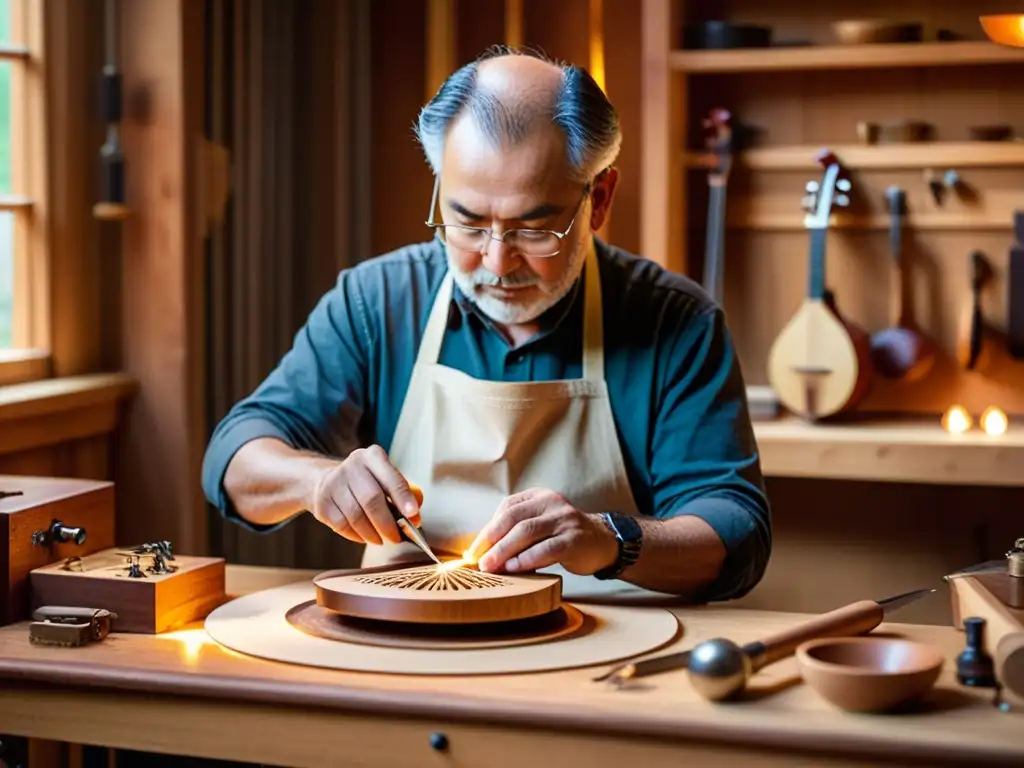 Un luthier talla intrincados diseños en un instrumento rodeado de herramientas y virutas de madera, evocando influencia cultural en la luthería