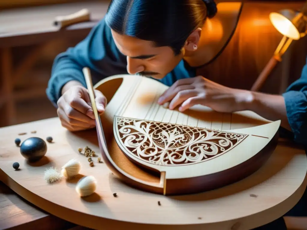 Un luthier talla intrincados diseños renacentistas en un laúd, rodeado de herramientas tradicionales y virutas de madera