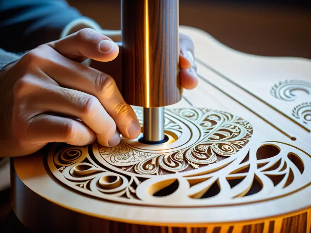 Un luthier talla con precisión intrincados diseños en la tapa de una guitarra acústica, mostrando innovaciones en diseño de instrumentos musicales