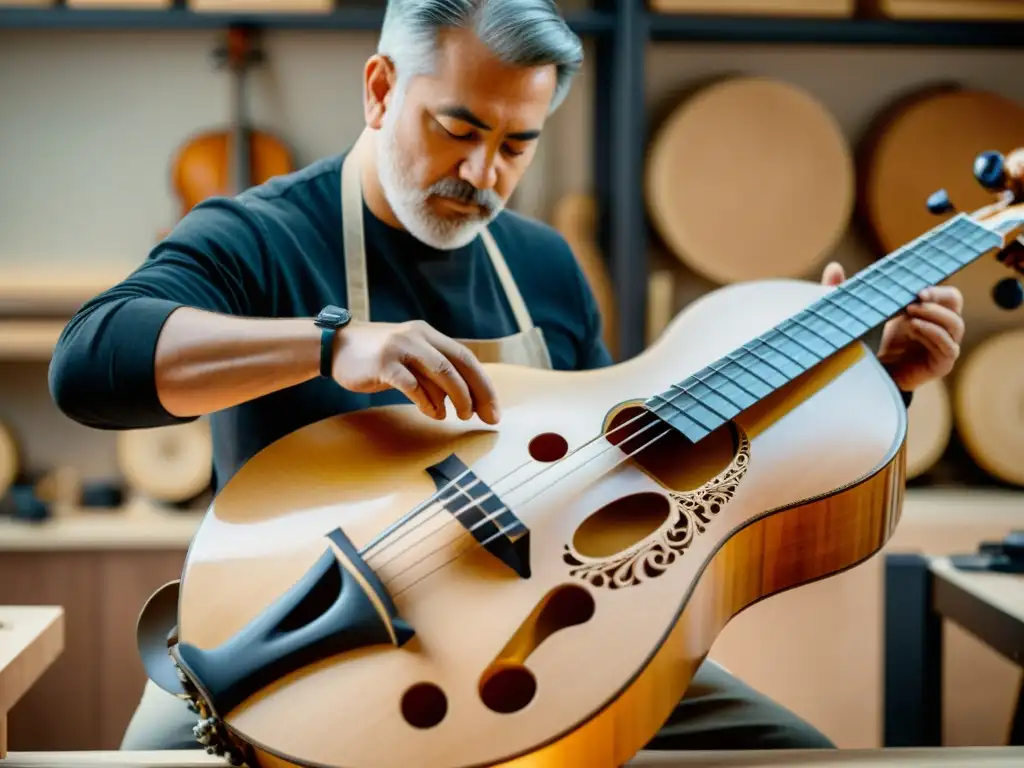 Un luthier talla con precisión un octobass, con virutas de madera flotando en el aire