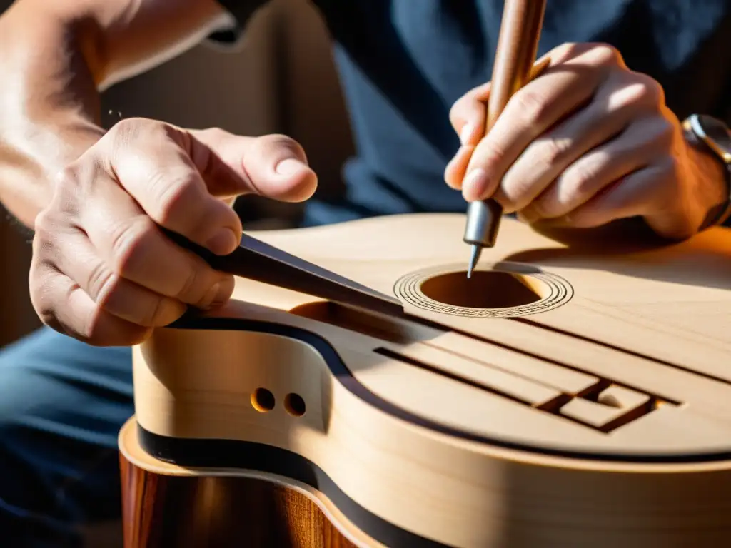 Un luthier talla con precisión el panel de una guitarra acústica moderna, fusionando técnicas tradicionales con principios contemporáneos