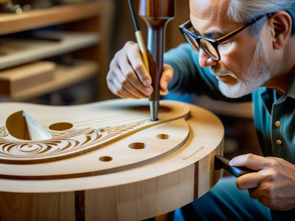 Un luthier talla con precisión una hermosa guitarra eléctrica personalizada de madera, mostrando la artesanía y la dedicación a los instrumentos musicales personalizados