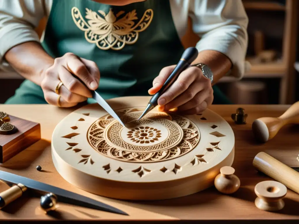 Un luthier talla con precisión un patrón en madera de abeto, resaltando la importancia de materiales y resonancia en instrumentos musicales