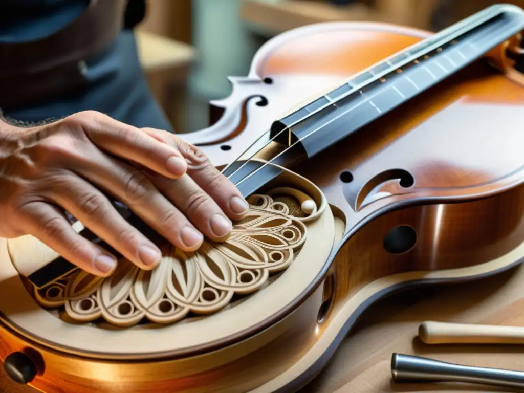 Un luthier talla con precisión una parte de un contrabajo acústico, rodeado de herramientas tradicionales