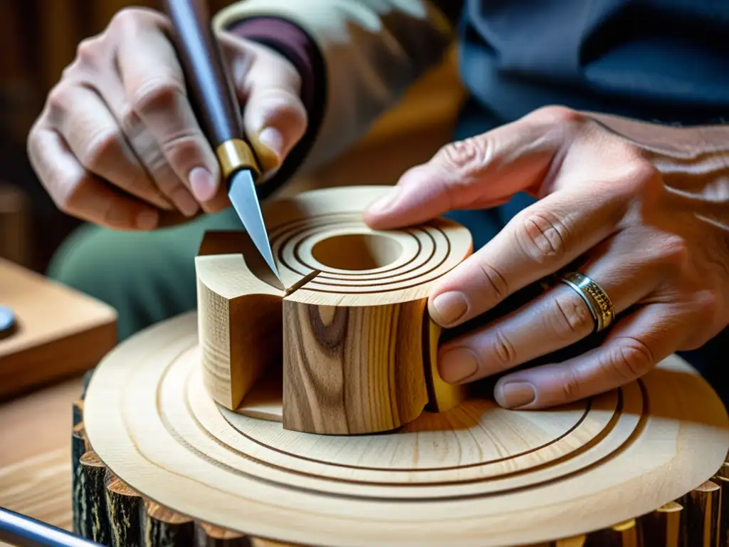 Un luthier talla con precisión una pieza de madera alternativa para crear un instrumento musical único