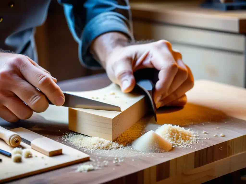 Artesano luthier esculpe con precisión una guitarra de lujo Un luthier talla con precisión una pieza de madera para una guitarra personalizada, destacando las innovaciones recientes en guitarras
