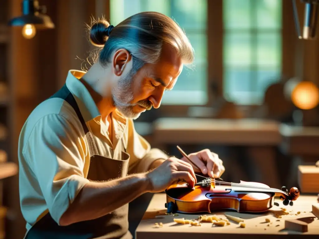 Un luthier talla con precisión un puente de violín, con virutas de madera esparcidas en el banco de trabajo