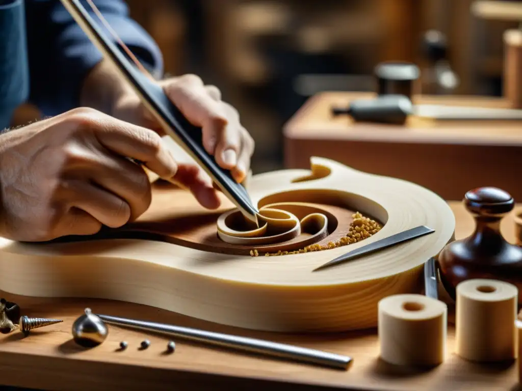 Un luthier talla con precisión un violín rodeado de herramientas, destacando la importancia del luthier en instrumentos musicales