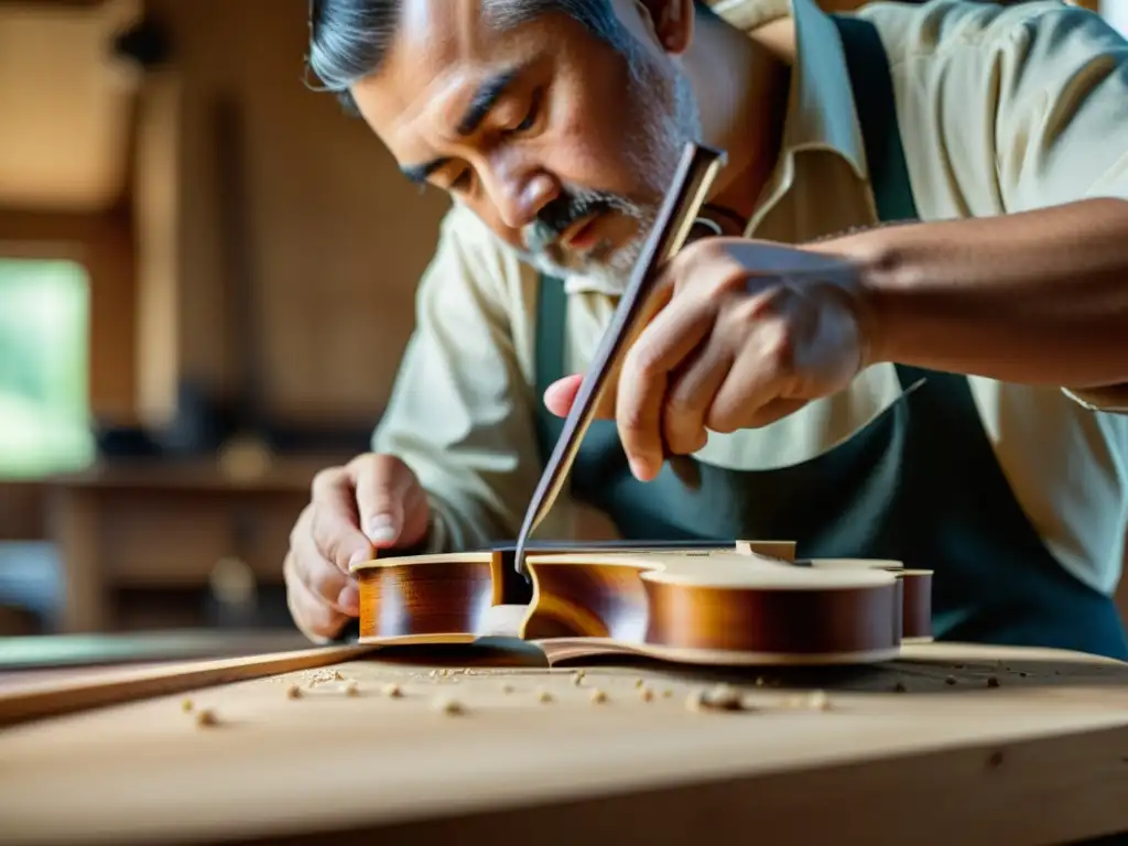 Un luthier talla con precisión el puente de un violín, bañado por cálida luz natural