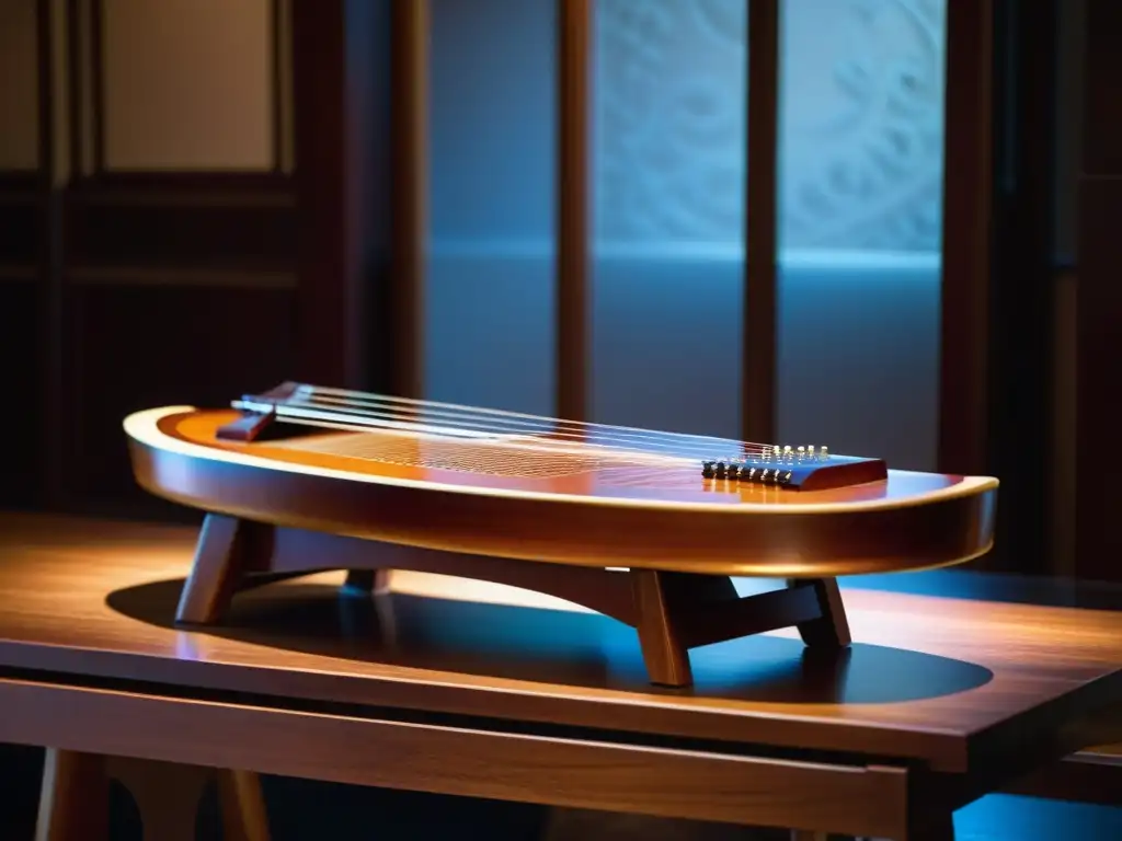 Un Guzheng bellamente tallado brilla suavemente en una habitación tenue, evocando la esencia atemporal del Festival de música tradicional China