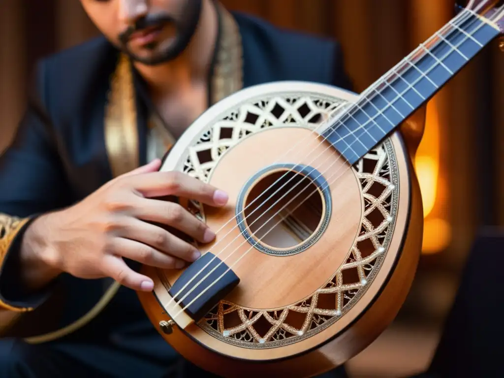 Un oud bellamente tallado iluminado por luces de escenario, reflejando la historia y relevancia cultural del oud árabe