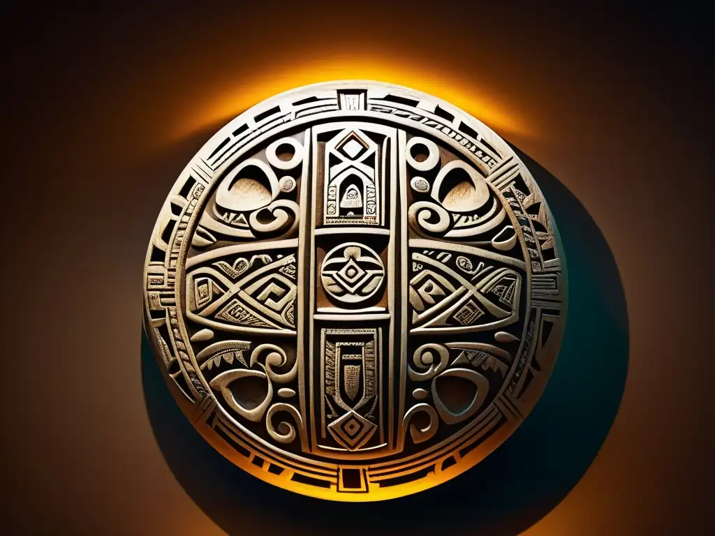 Un teponaztli azteca tallado bellamente en madera, mostrado en un ambiente tenue para evocar una atmósfera ceremonial antigua