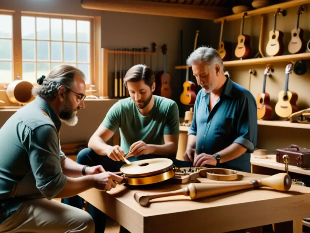 Un taller lleno de músicos y artesanos restaurando instrumentos musicales perdidos, bañados por cálida luz natural