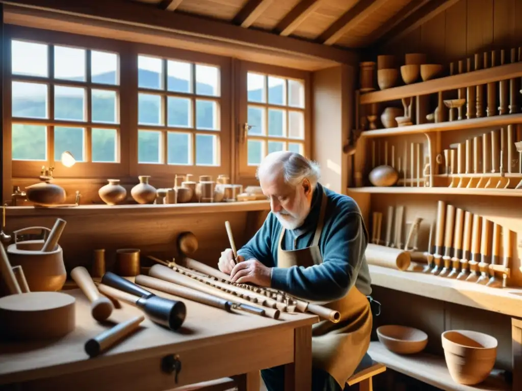 Un taller medieval de fabricación de flautas con artesanos dedicados, evocando la historia de la flauta en diferentes culturas