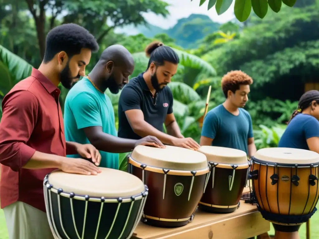 Un taller de percusión cultural al aire libre con músicos creando y ajustando tambores tradicionales y otros instrumentos