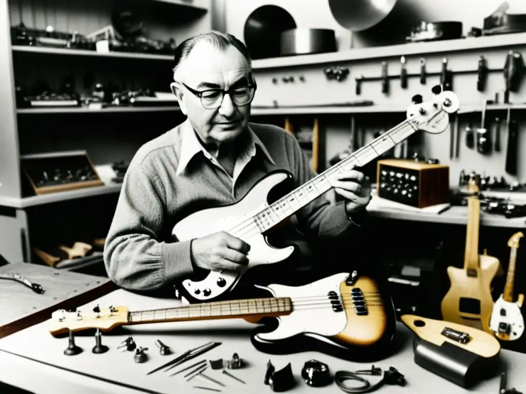 Leo Fender en su taller, rodeado de herramientas y prototipos del primer bajo eléctrico, capturando la evolución del bajo eléctrico en música