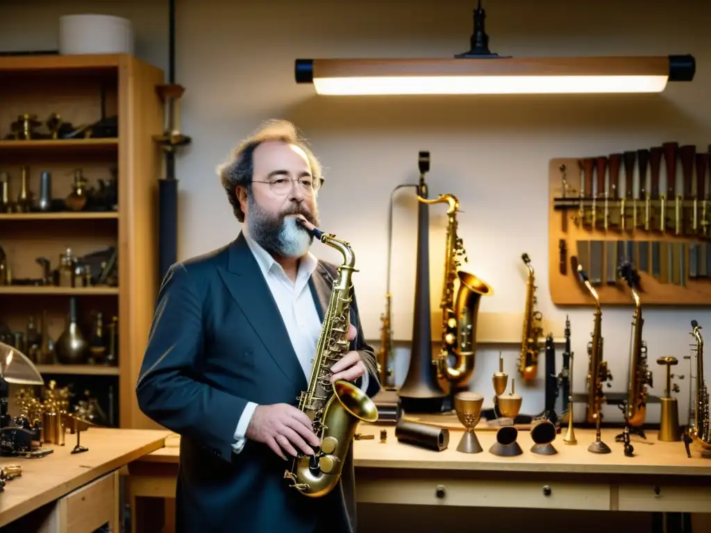 Adolphe Sax en su taller, rodeado de prototipos y herramientas, reflejando la pasión y dedicación en el origen y evolución del saxofón