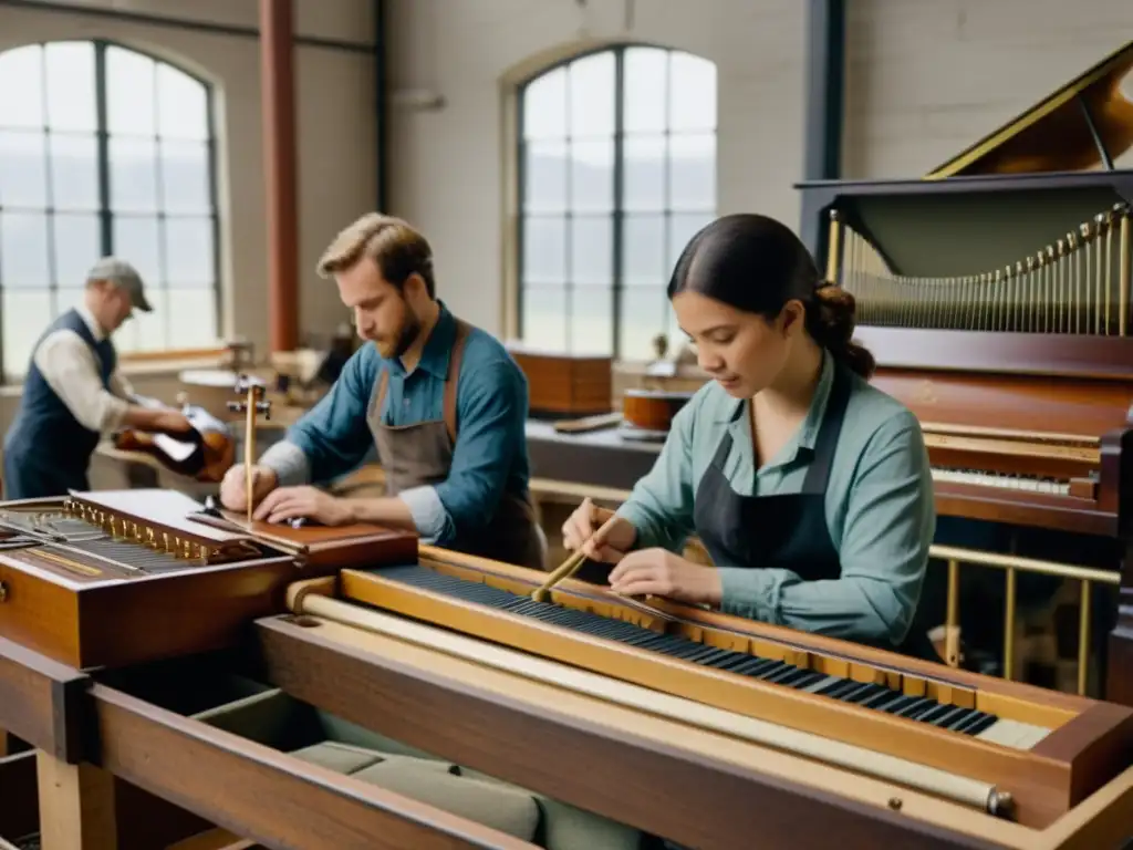 Un taller de música del siglo XIX durante la revolución industrial, con artesanos creando instrumentos musicales